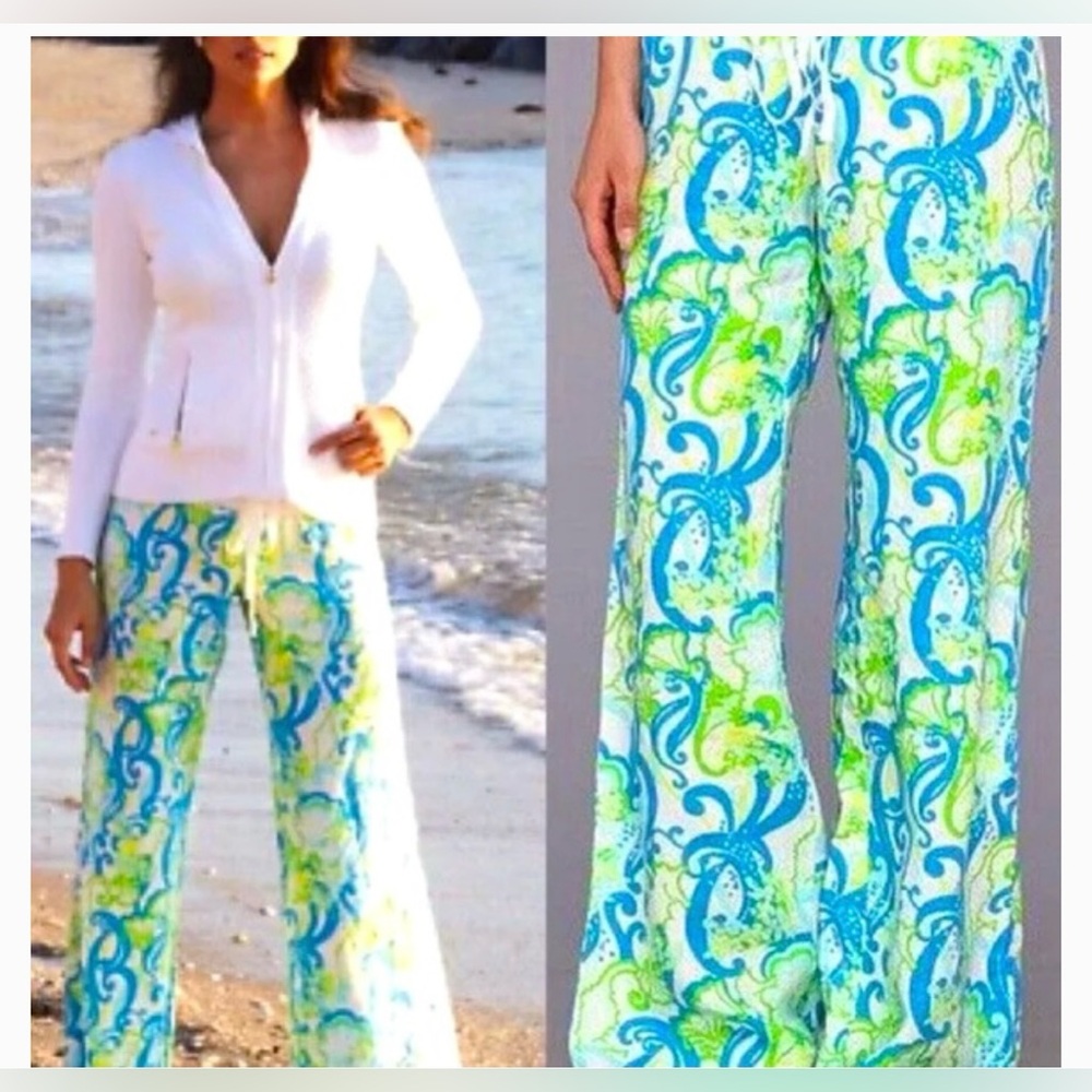 Lilly Pulitzer The Beach Pant Resort White Crystal Coast Blue Green Linen XS